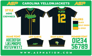 Carolina Yellow Jackets Baseball Mens Full Sublimation Uniform Short Sleeve